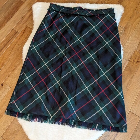 J Crew Blue and Green Plaid 100% Virgin Wool A Line Midi Skirt - Picture 2 of 10